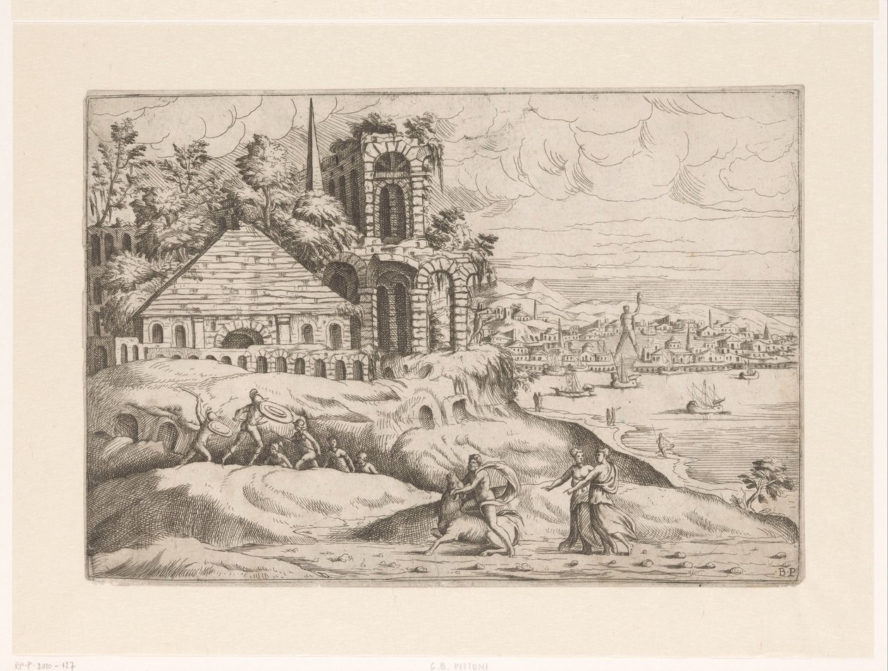 Landscape with Ancient Ruins and the Colossus of Rhodes (Landscapes with Ruins) by Giovanni Battista Pittoni (I)