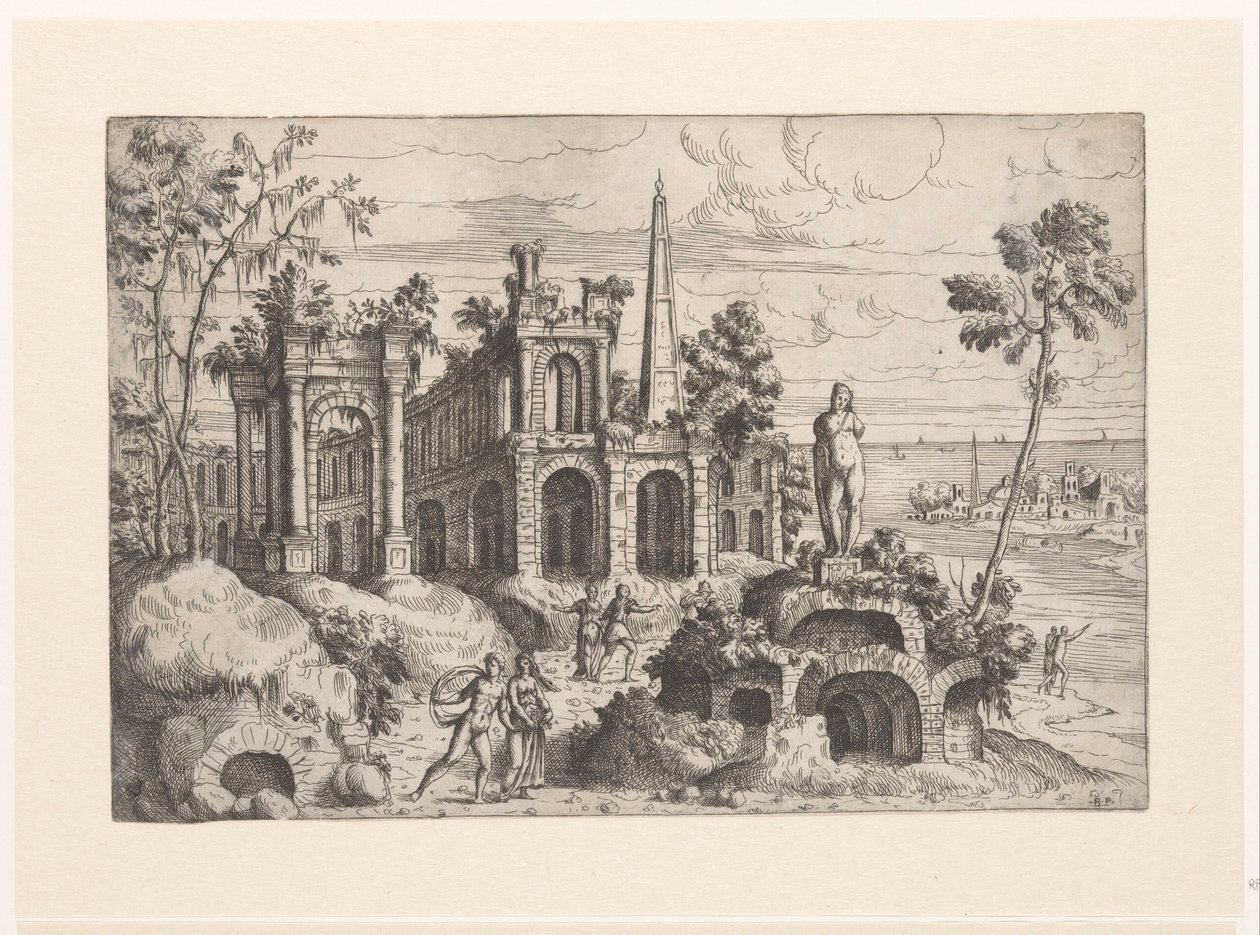 Landscape with Ancient Ruins, Sculpture, and Obelisk (Landscapes with Ruins) by Giovanni Battista Pittoni (I)