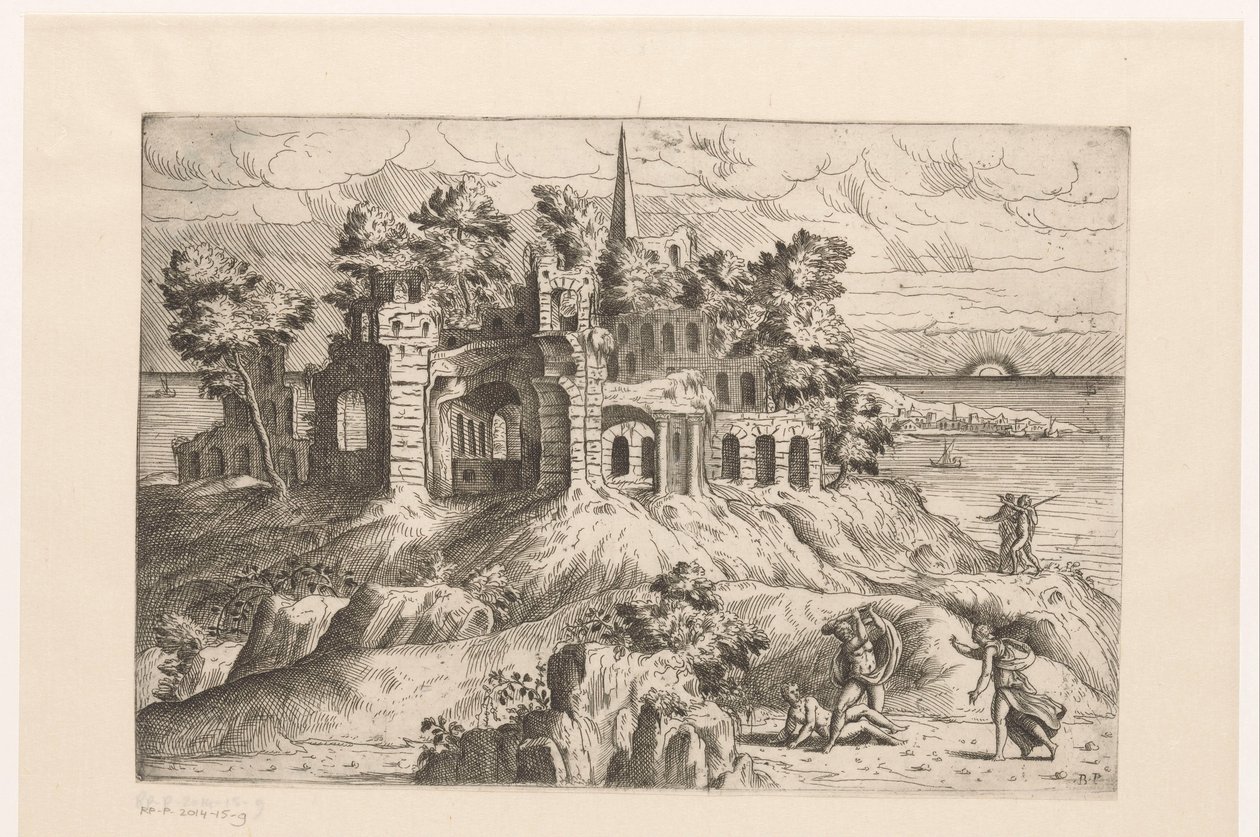 Landscape with Ruins by the Water and a Rising or Setting Sun by Giovanni Battista Pittoni (I)