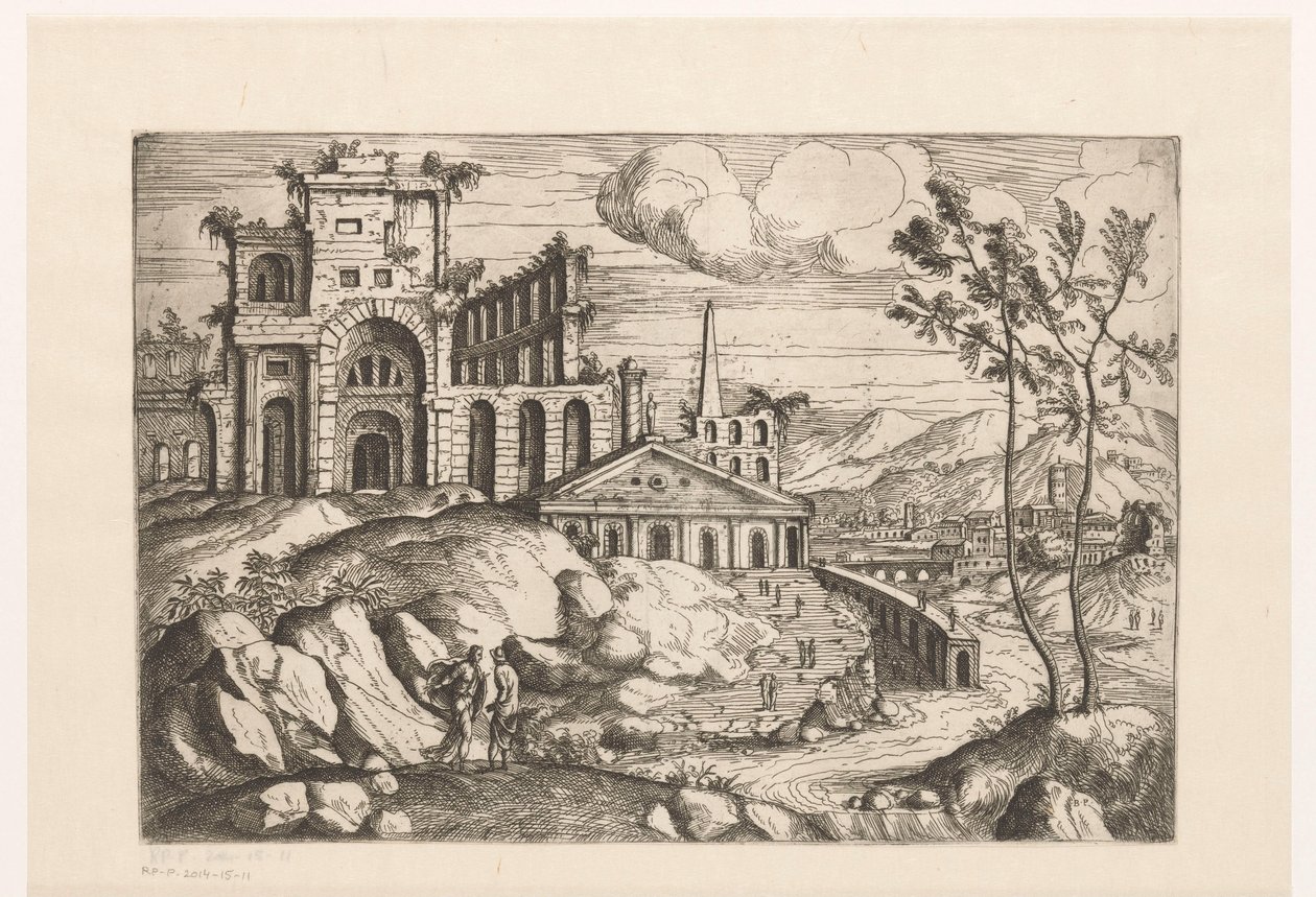 Landscape with Ruins and Fantasy Architecture by Flowing Water with Waterfall by Giovanni Battista Pittoni (I)