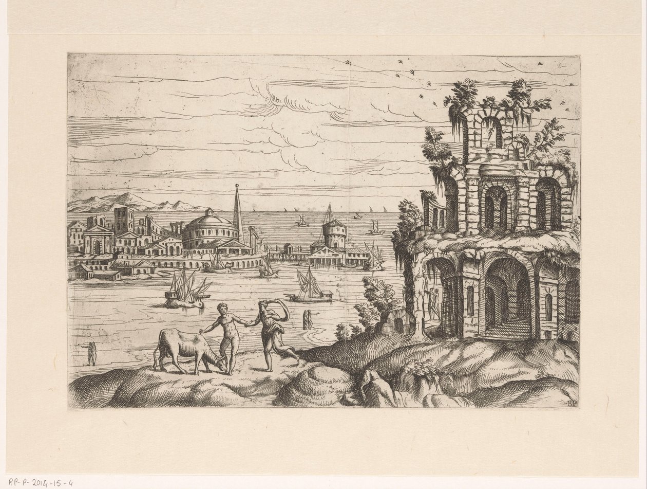 Cityscape with Ruins and Fantasy Architecture by the Water by Giovanni Battista Pittoni (I)