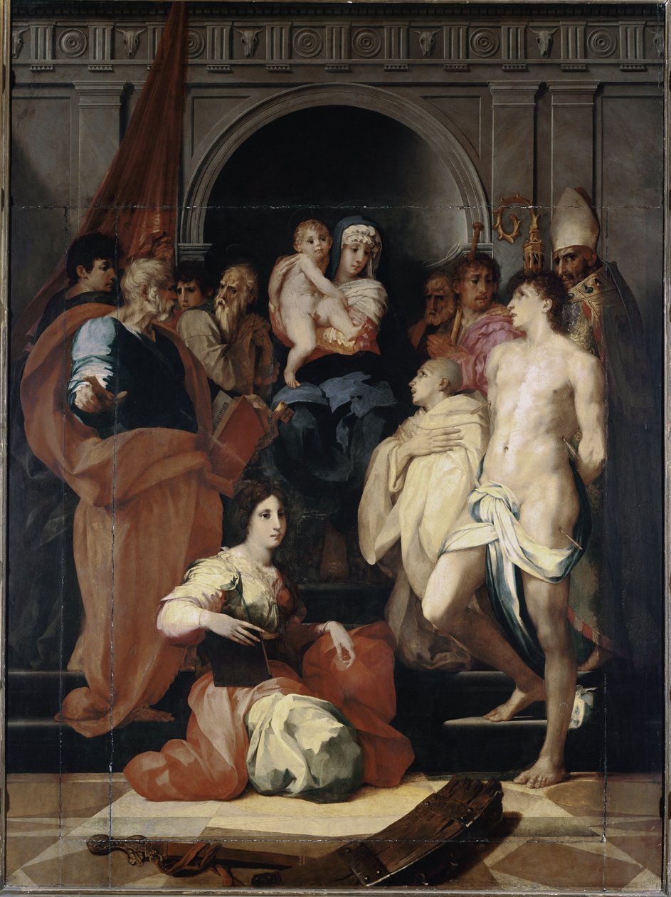 Madonna in throne has the child and saints by Giovanni Battista Rosso Fiorentino