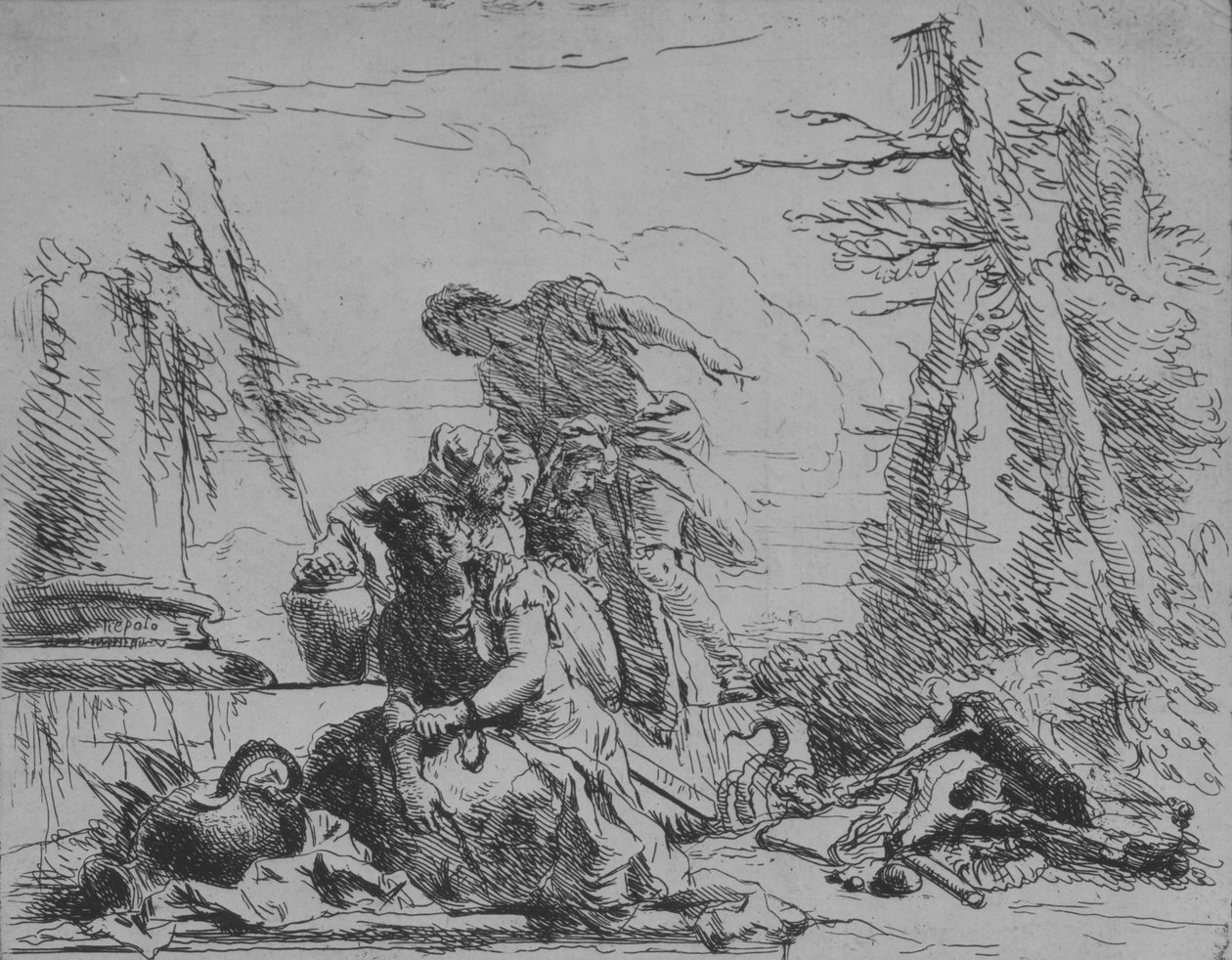 Chained Woman and Other Figures Regarding a Pyre of Bones, from the Capricci by Giovanni Battista Tiepolo