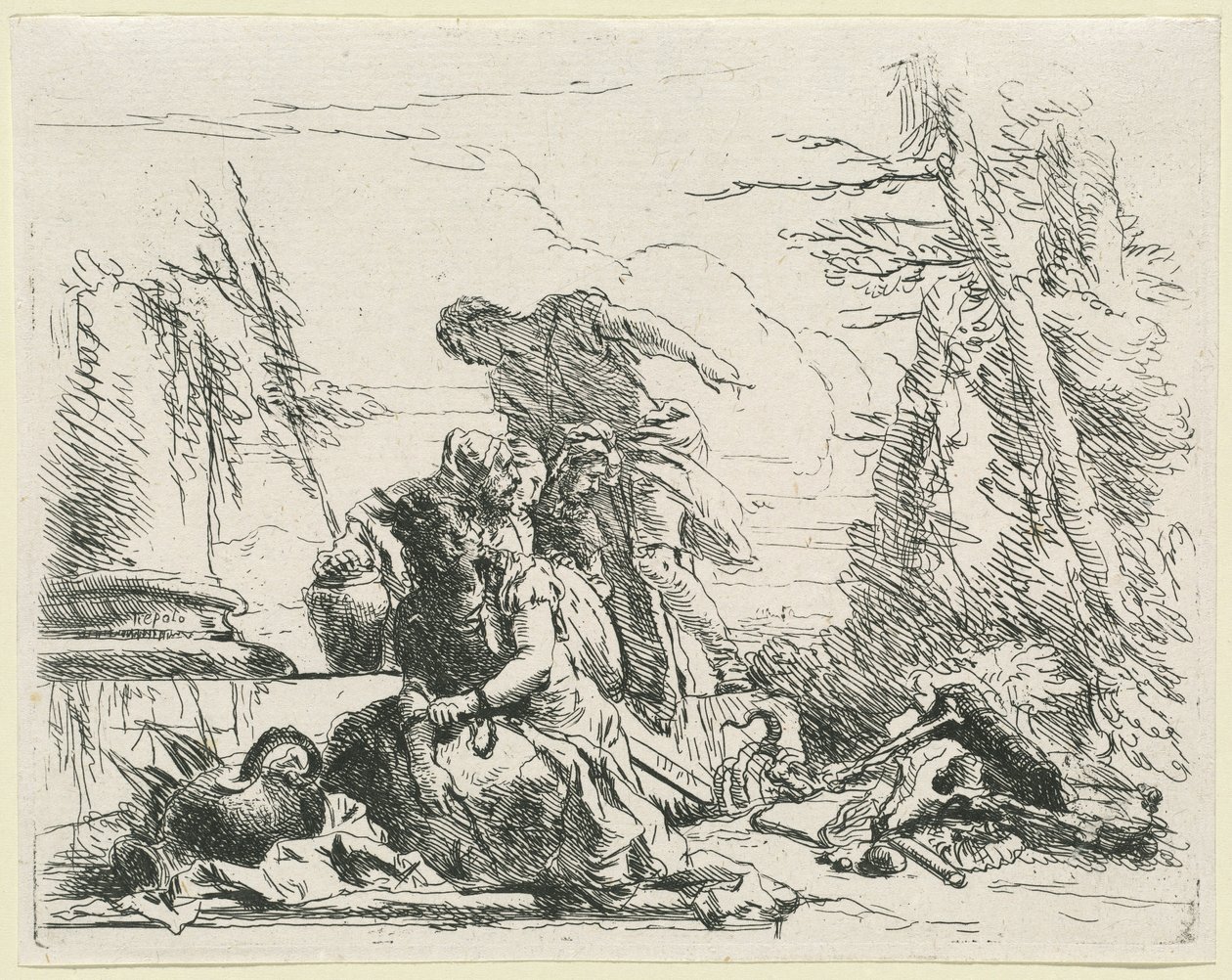 Women and Men Regarding a Burning Pyre of Bones