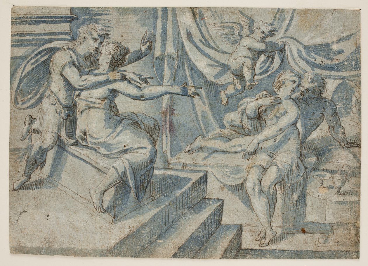 A Loving Couple on a Bed Revealed by a Putto to a Roman Soldier and His Woman by Giovanni Bellini