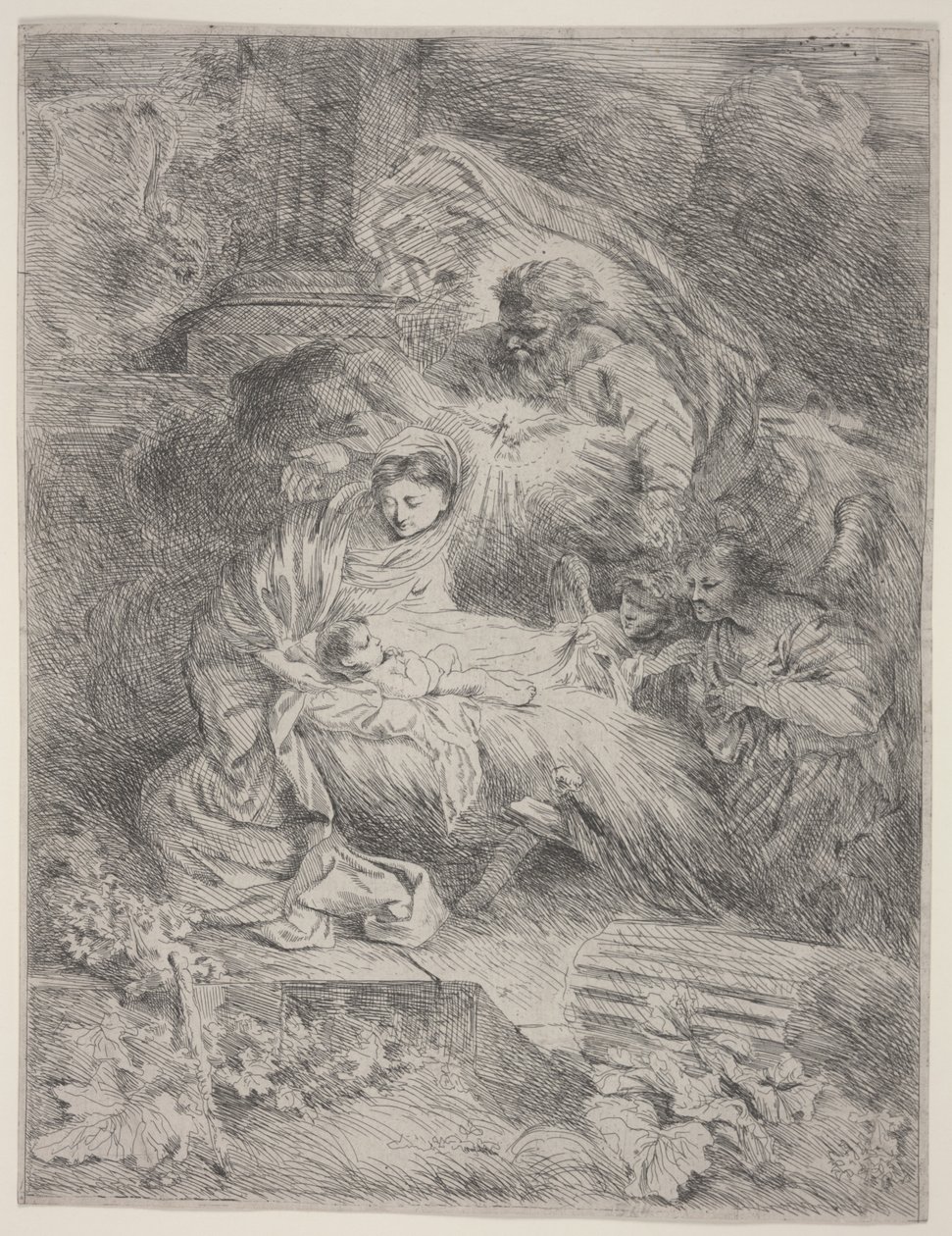 The Nativity with God the Father, the Dove of the Holy Spirit, and Angels (etching) by Giovanni Benedetto Castiglione
