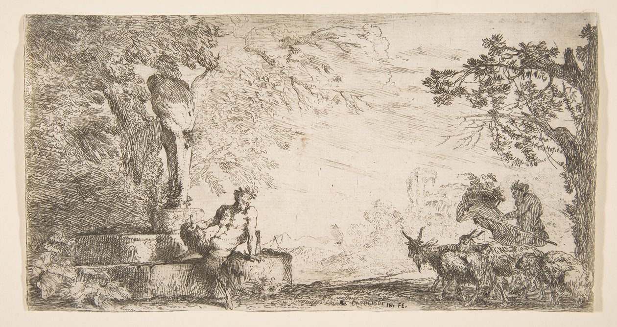 A Satyr Reclining at the Foot of a Statue of Priapus, Goats at the Right by Giovanni Benedetto Castiglione