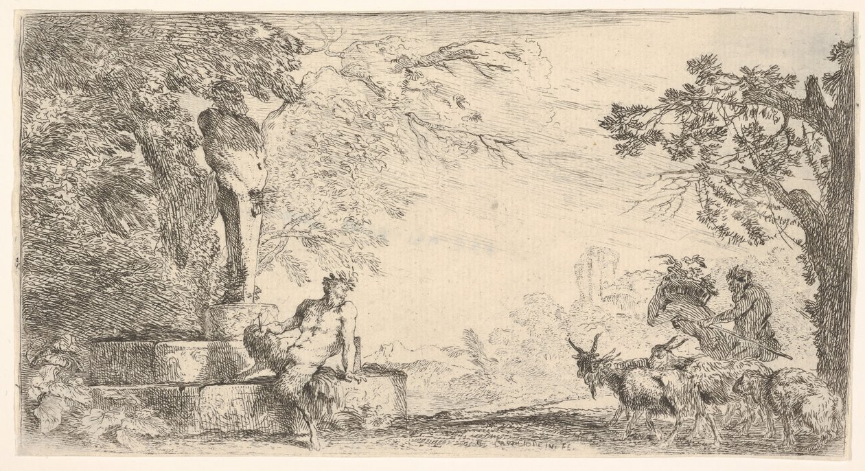 A Satyr Reclining at the Foot of a Statue of Priapus, Goats at the Right by Giovanni Benedetto Castiglione
