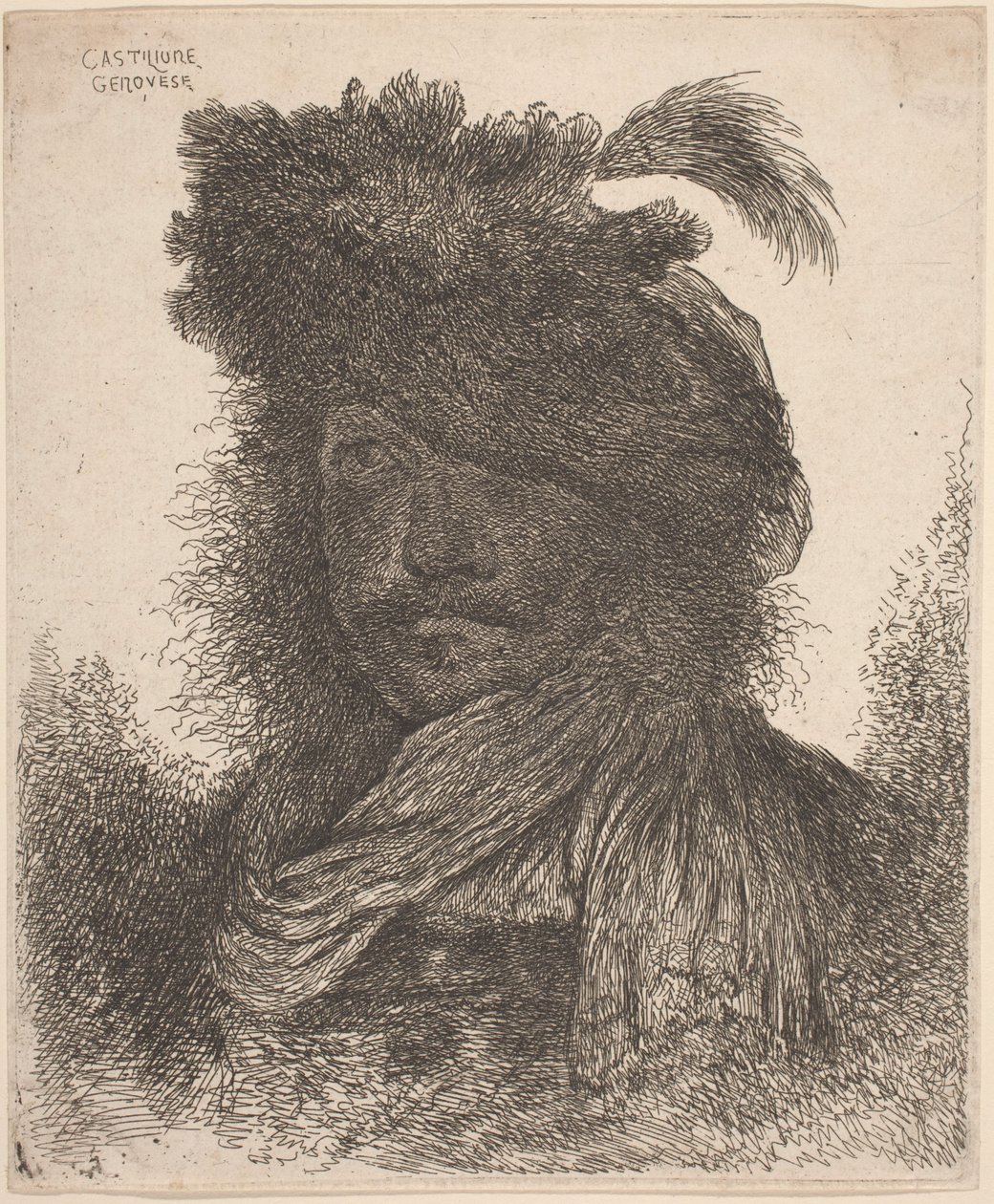 Bearded Man with Shadowed Face, Wearing a Scarf and a Plumed Hat by Giovanni Benedetto Castiglione