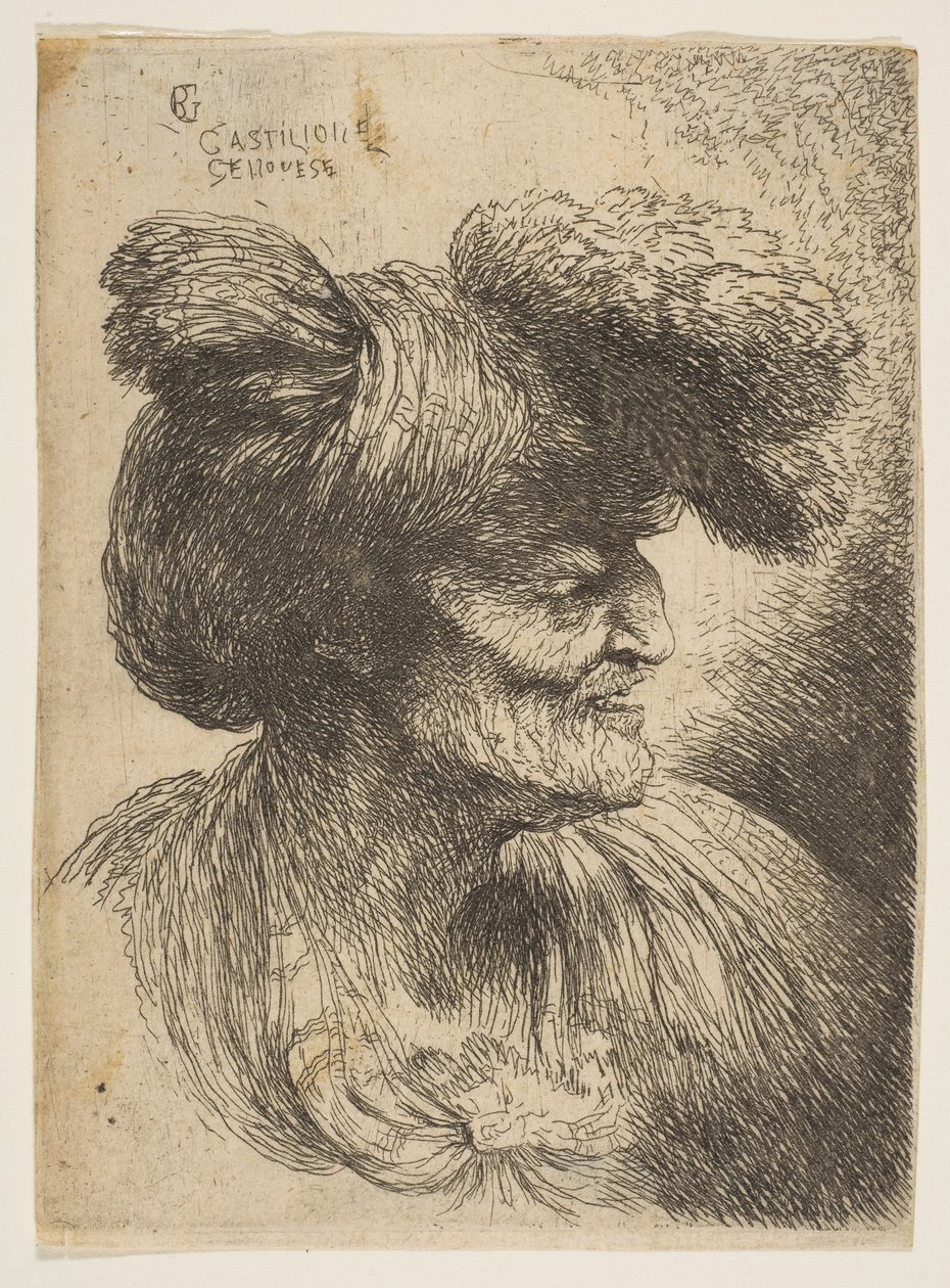 Bust of Beardless Old Man in Profile Facing Right, from the Series of Small Heads by Giovanni Benedetto Castiglione