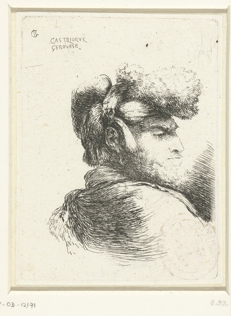 Head of a Man with a Fur-Trimmed Hat, Small Study of Heads with Oriental Headgear (series title) by Giovanni Benedetto Castiglione