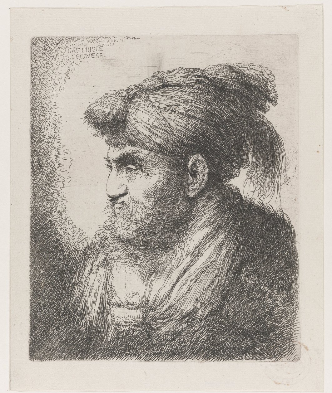 Head of a Man with a Turban with Tassel (series title: Large Study of Heads with Oriental Headgear) by Giovanni Benedetto Castiglione