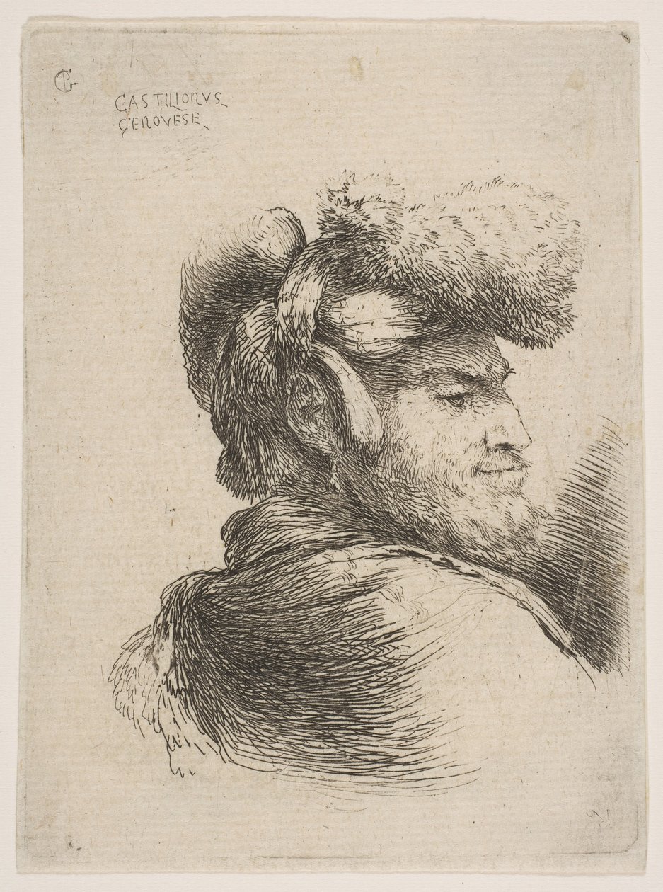 Man in Profile Facing Right, Wearing a Fur Hat by Giovanni Benedetto Castiglione