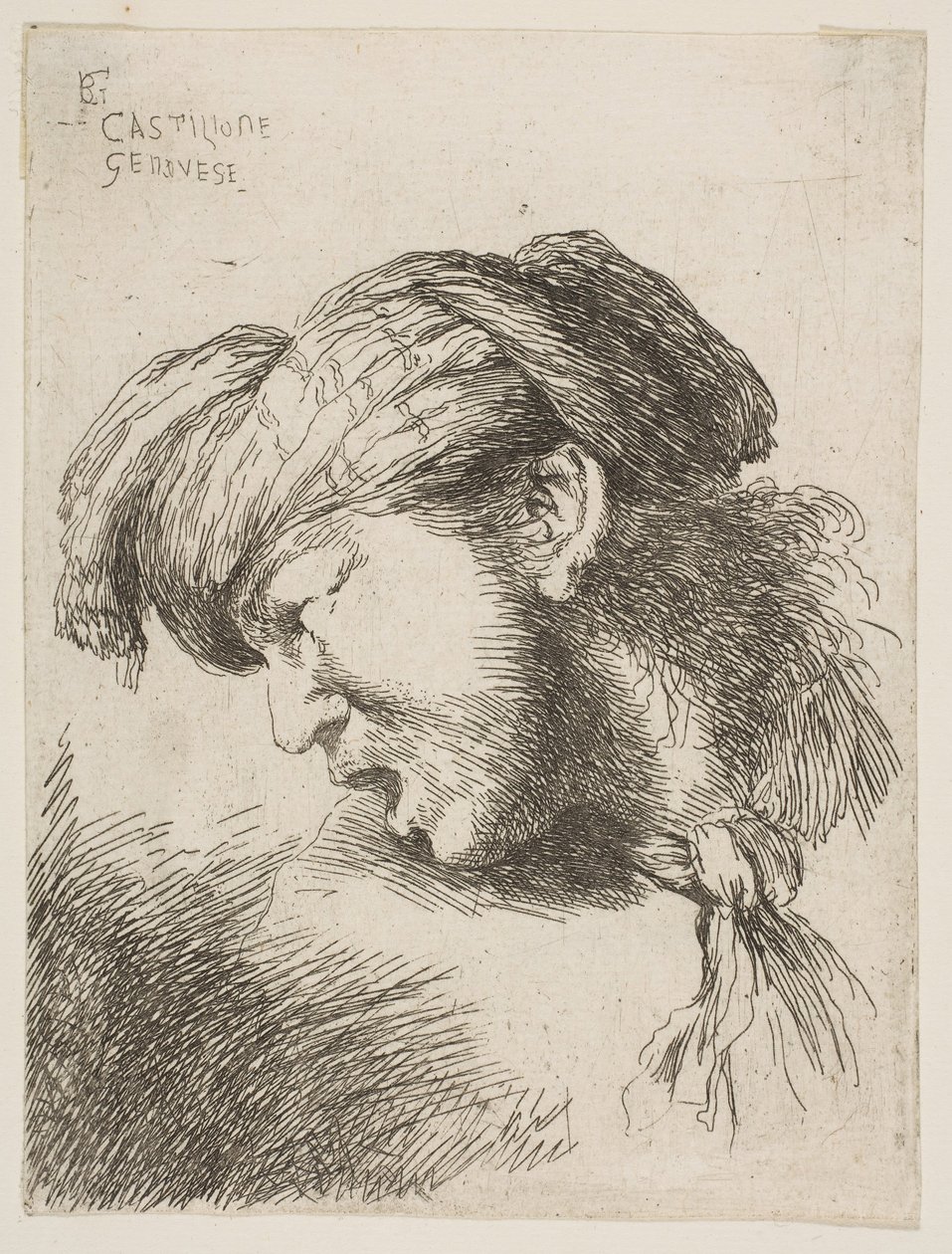 Man wearing a turban, a tie fastened around his neck, facing left, from the series of..., 1645-1650 by Giovanni Benedetto Castiglione
