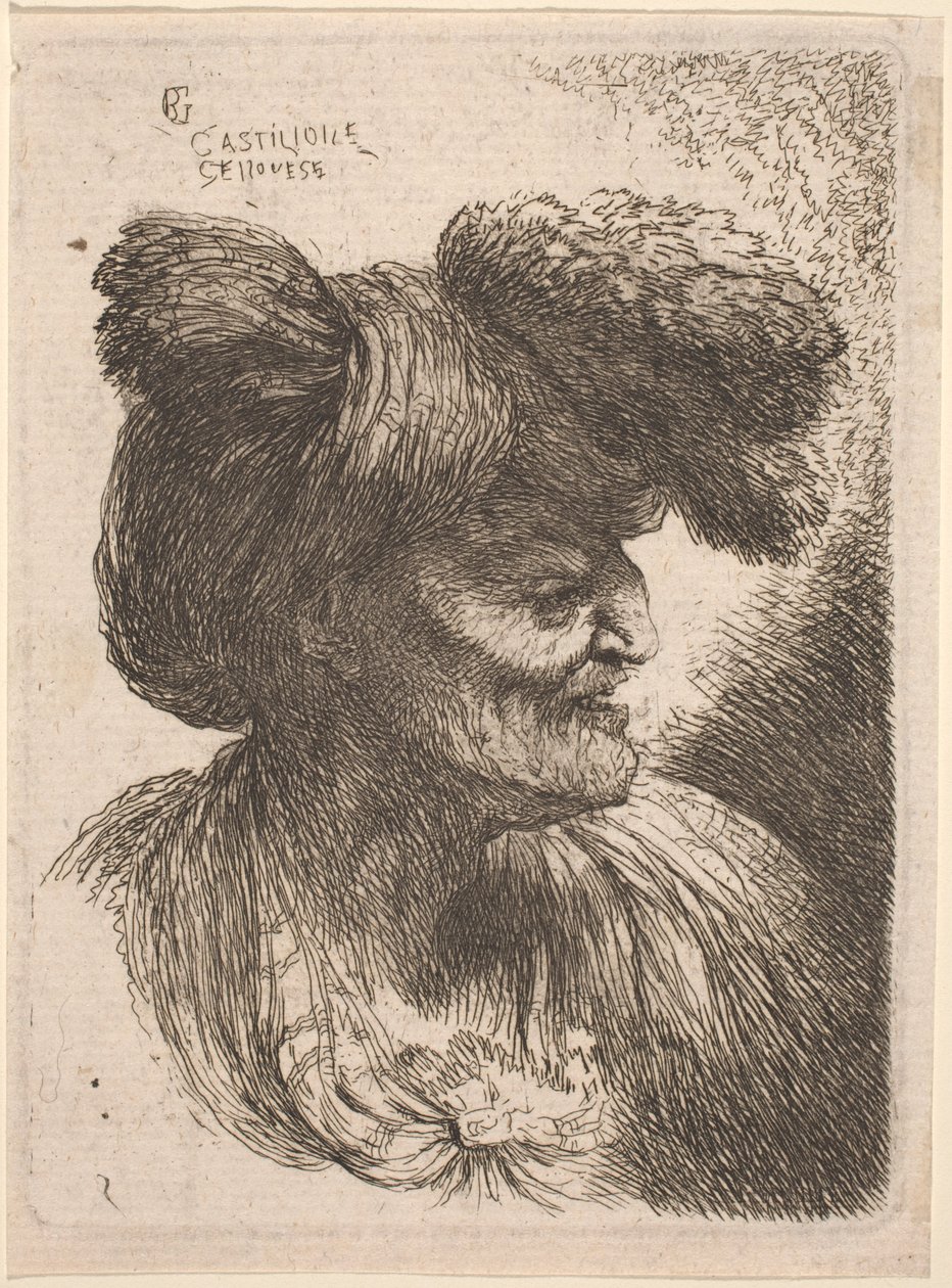 Old Man Wearing a Turban Ornamented with Fur, Facing Right by Giovanni Benedetto Castiglione