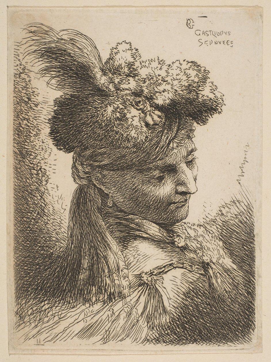 Young Man Facing Three Quarters Right Wearing a Fur Headdress with a Plume, Jewel, ca. 1645-50 by Giovanni Benedetto Castiglione