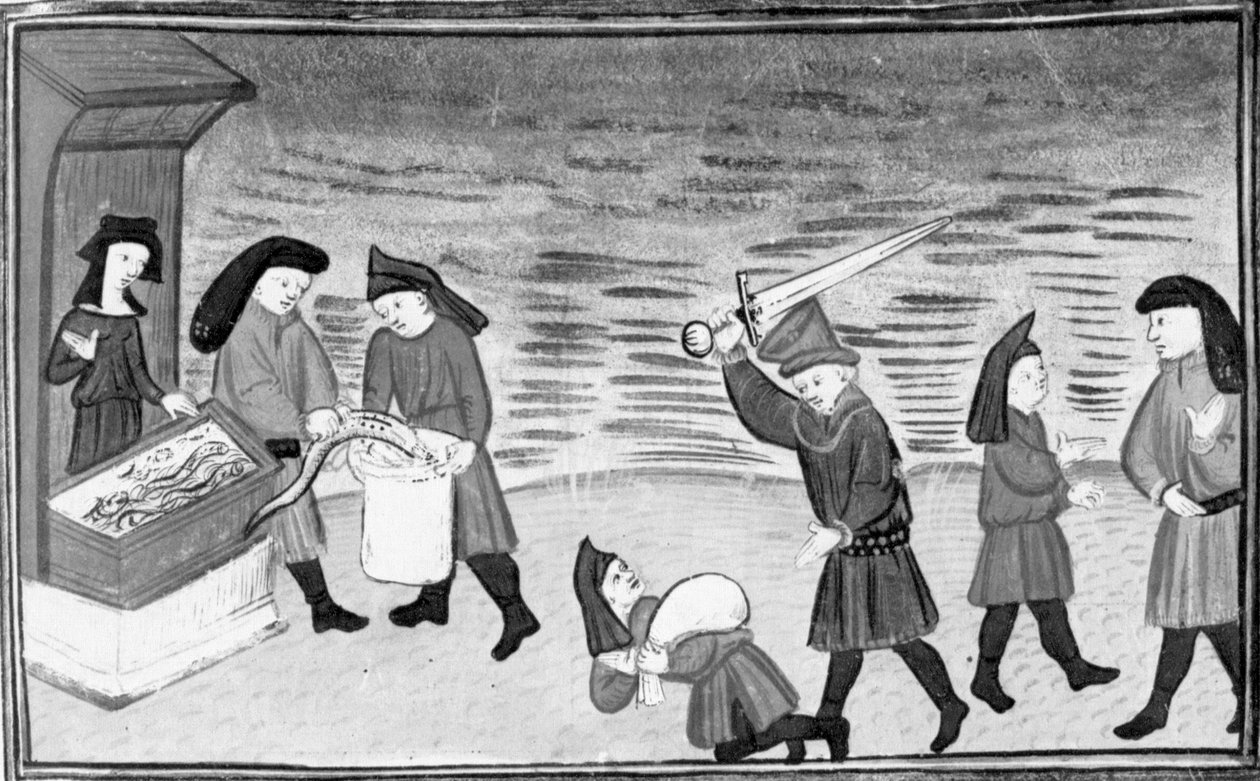 Decameron, Biondello shows the lampreys to Ciacco; Filippo attacks Biondello; Ciacco and Biondello reconcile. Ninth day, story 8 by Giovanni Boccaccio