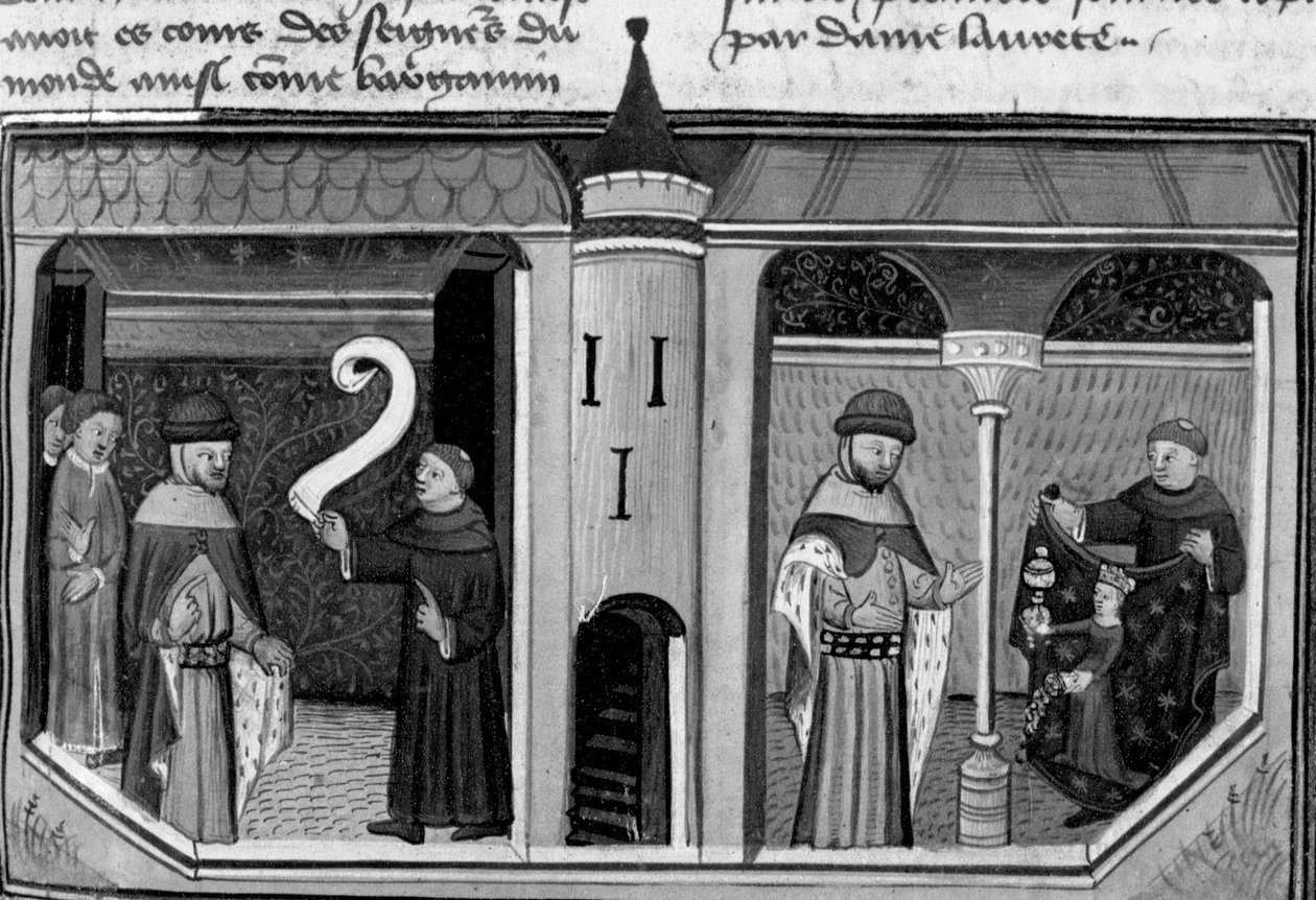 Decameron, Ermino Grimaldi Interrogates Guillaume Borsiere; Guillaume Shows Him the Image of Courtesy. First Day, Story 8 by Giovanni Boccaccio