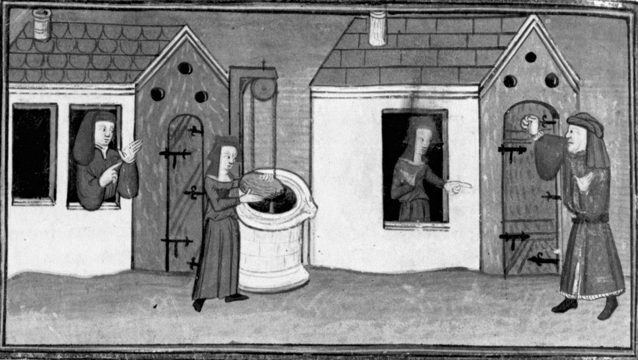 Decameron, Ghita throws a stone into the well; Tofano is locked outside the house. Seventh day, story 4 by Giovanni Boccaccio