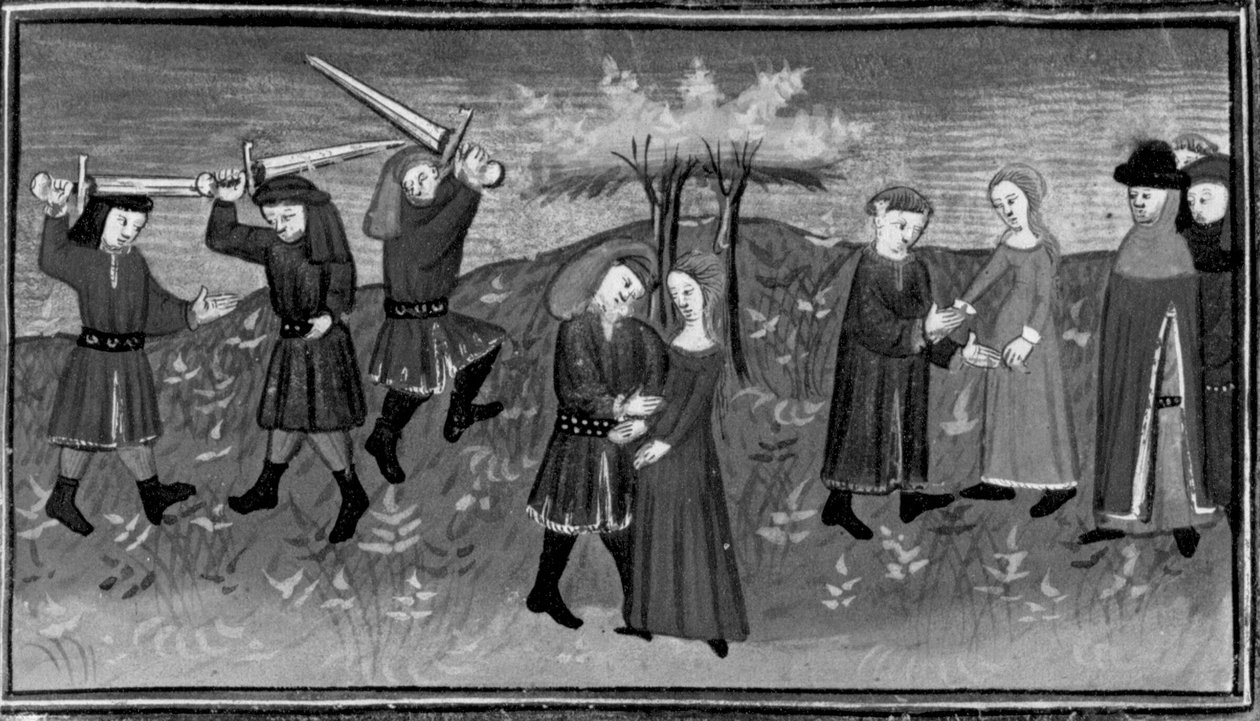 Decameron, Giannole and Minghino attempt to abduct Agnes; Agnes marries Minghino. Fifth day, story 5 by Giovanni Boccaccio
