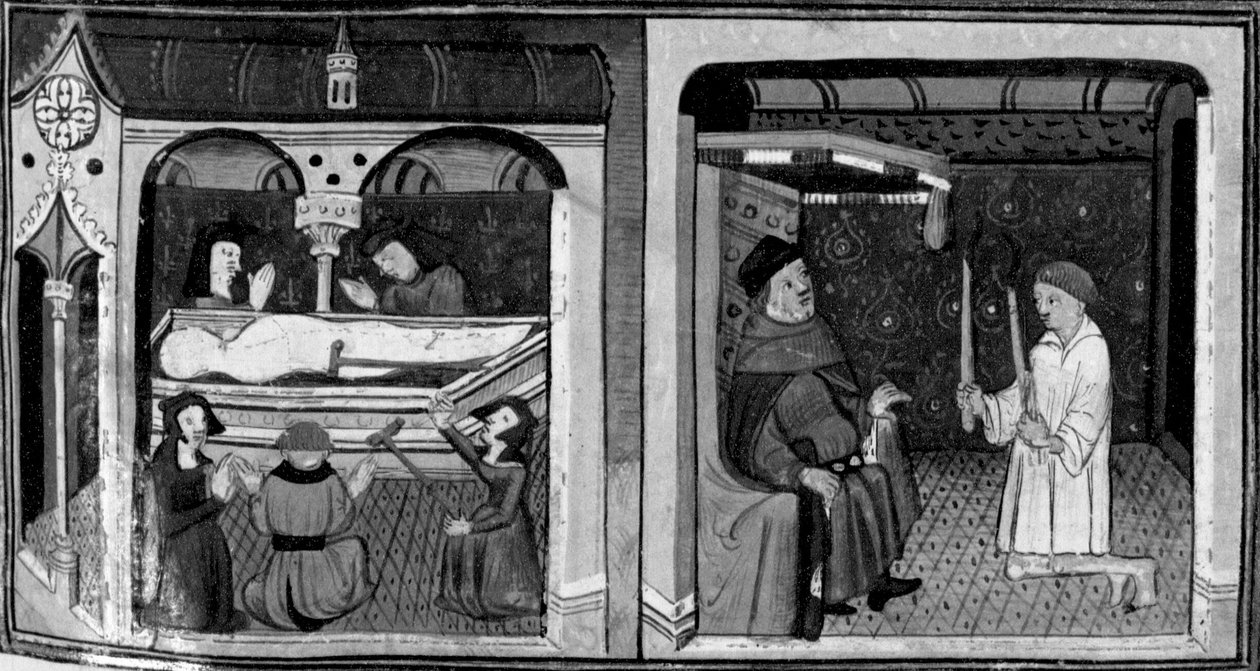 Decameron, The crippled and afflicted go before the tomb of a saint; Martellino appears at the tribunal. Second day, story 1 by Giovanni Boccaccio