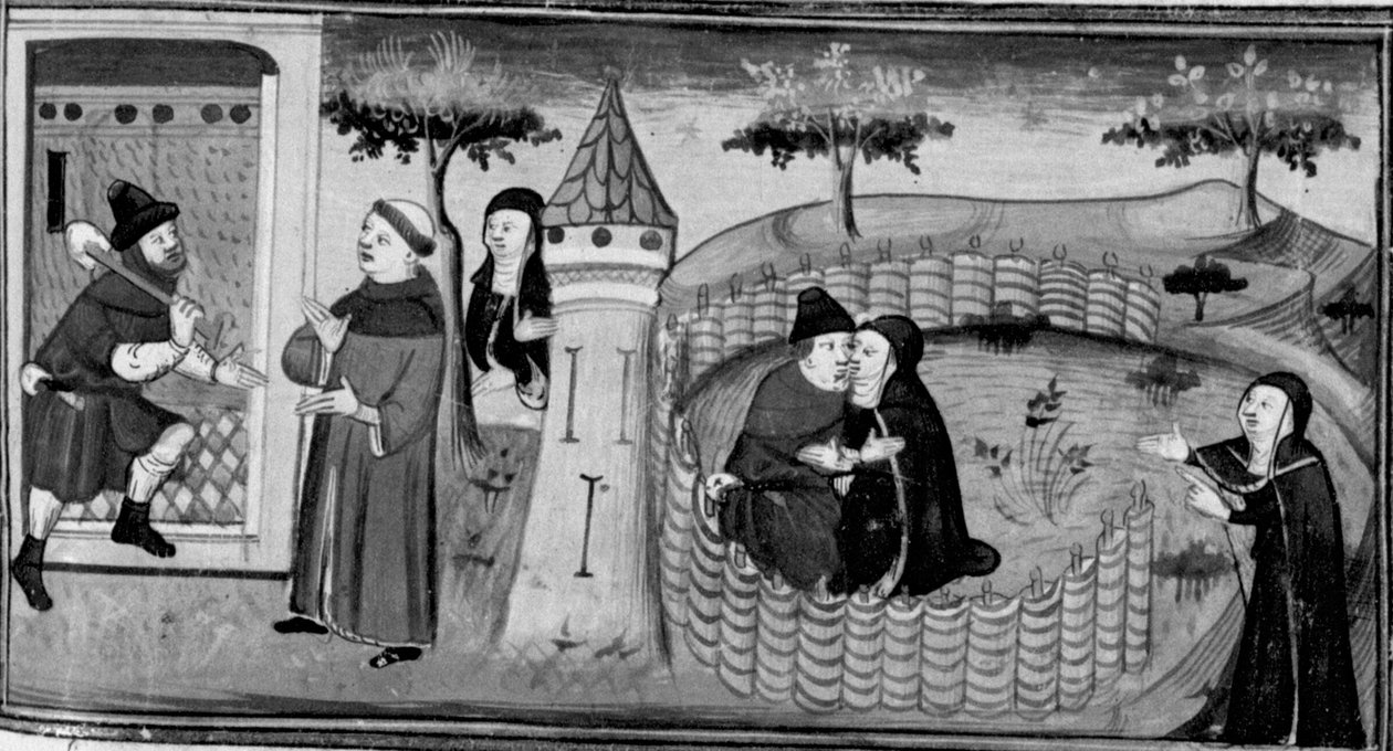 Decameron, Masetto asks the guardian for permission to enter the convent; Masetto kisses a nun. Third day, story 1 by Giovanni Boccaccio