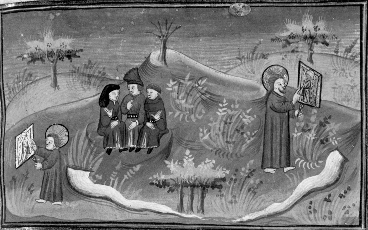 Decameron, Michele Scalza discusses with his friends; God as a child learns to draw; God as an adult shows a completed design. Sixth day, story 6 by Giovanni Boccaccio