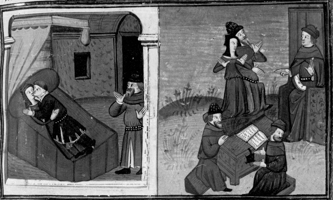 Decameron, Philippa is discovered by her husband during adultery; the woman defends herself before the judge. Sixth day, story 7 by Giovanni Boccaccio