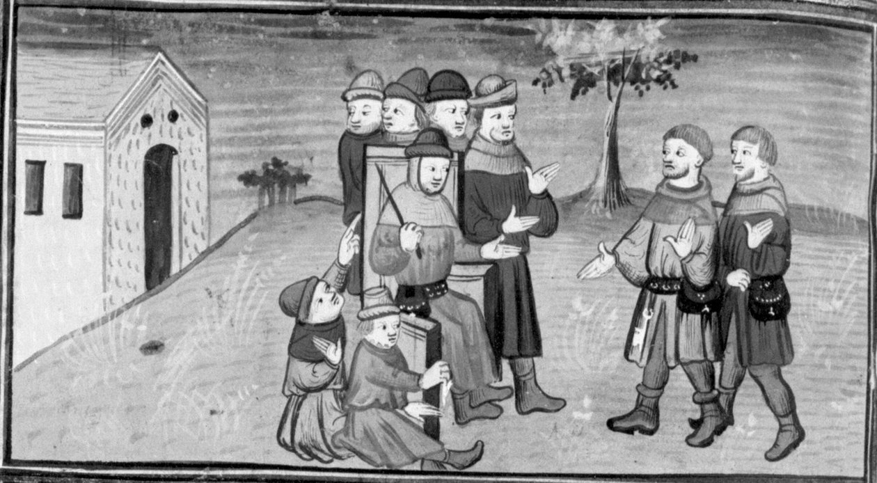 Decameron, Ribi and Maso del Saggio distract Judge Nicola while Matteuzzo pulls down his pants. Eighth day, story 5 by Giovanni Boccaccio