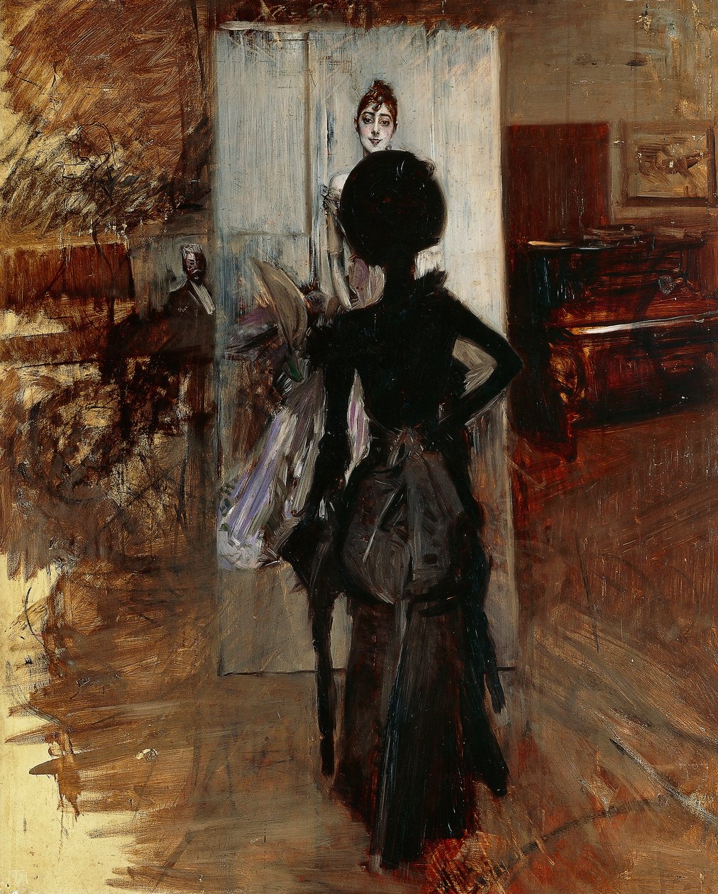 Lady in Studio of Painter Facing White Pastel by Giovanni Boldini