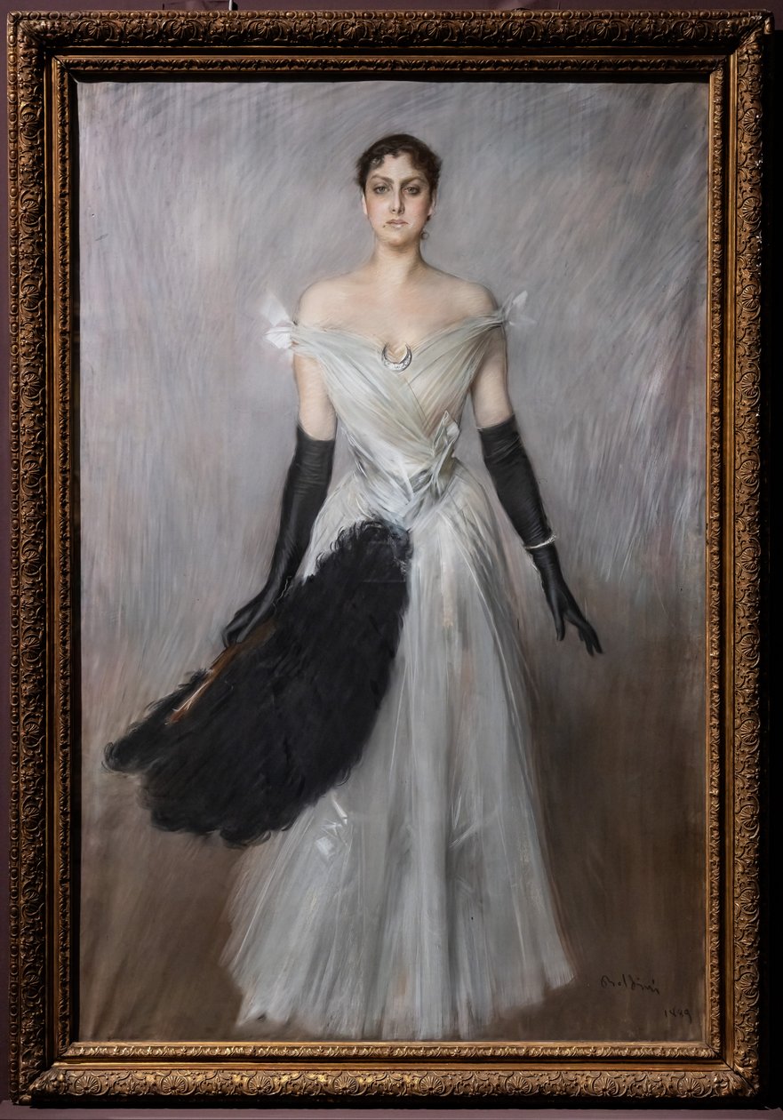 Portrait of a Lady in White with Gloves and Fan by Giovanni Boldini