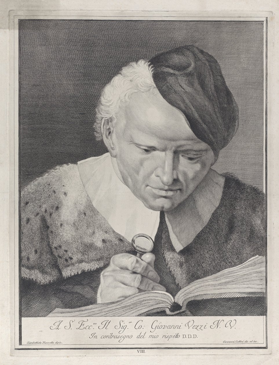 Man in a hat reading a book with a magnifying glass, 1743 by Giovanni Cattini