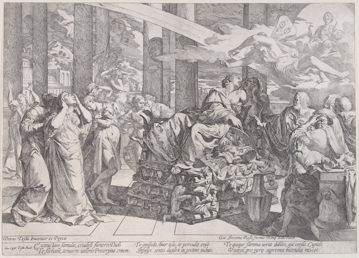 The suicide of Dido who reclines on a pyre in centre, surrounded by many figures by Giovanni Cesare Testa