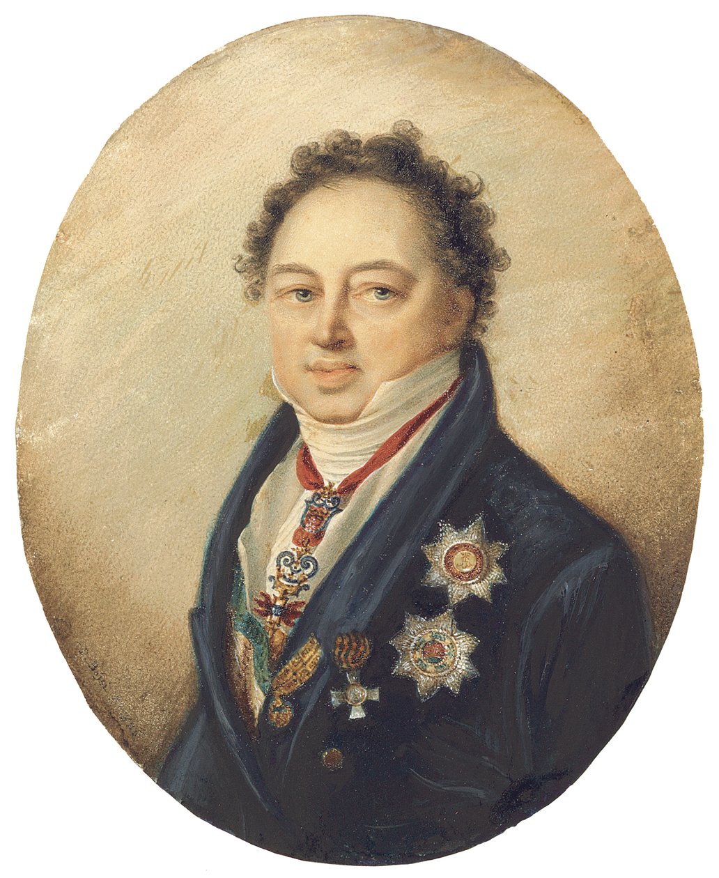 Count Dmitry Pavlovich Tatishchev, Facing Left in Blue Coat, White Waistcoat and Stock by Giovanni Domenico Bossi