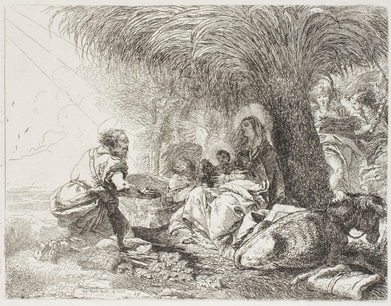 Joseph Adoring the Child While Two Angels Sing, Plate Nineteen from The Flight into Egypt by Giovanni Domenico Tiepolo