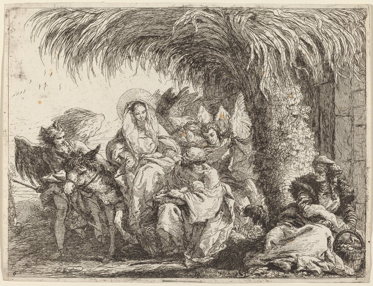 Joseph Kneels with the Child before Mary on the Donkey by Giovanni Domenico Tiepolo