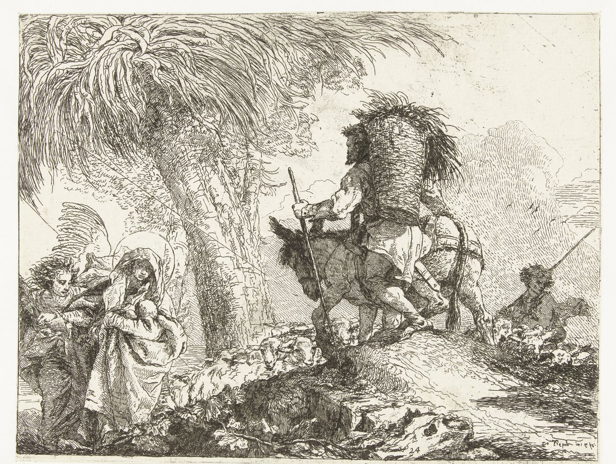 Mary with Child Supported by Angel and Joseph Leading Donkey Past Shepherd with Sheep (Flight into Egypt) by Giovanni Domenico Tiepolo