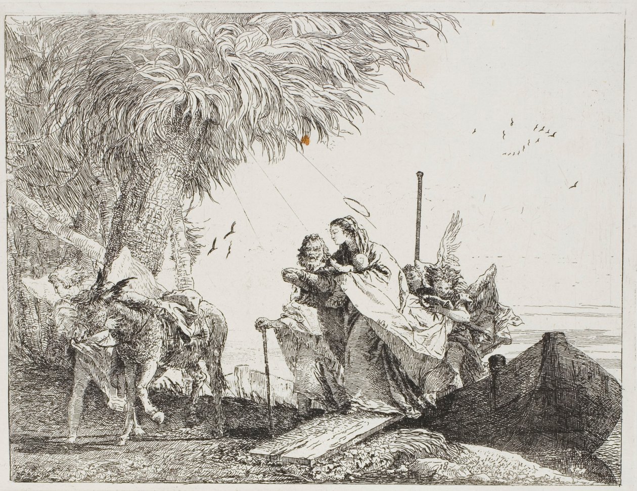 Mary, Helped by Joseph and an Angel, Stepping Out of the Boat, plate eighteen from The Flight into Egypt by Giovanni Domenico Tiepolo
