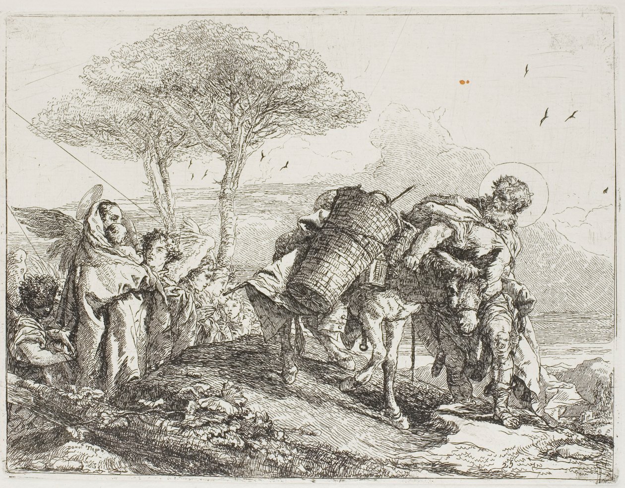 Mary, Helped by Two Angels, Follows Joseph with the Donkey (plate 25 from The Flight into Egypt) by Giovanni Domenico Tiepolo
