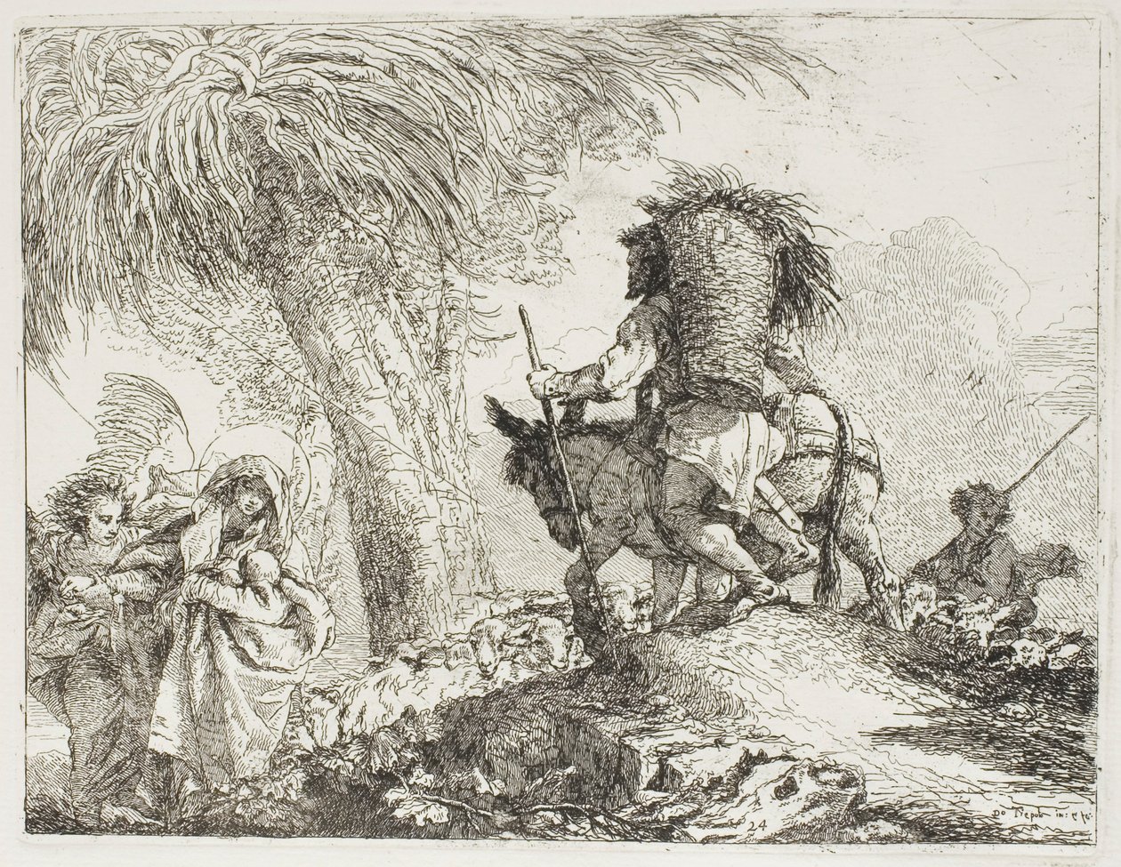 Mary, Helped by an Angel, and Joseph Carrying the Basket, Passing a Flock, plate 24 from The Flight into Egypt by Giovanni Domenico Tiepolo