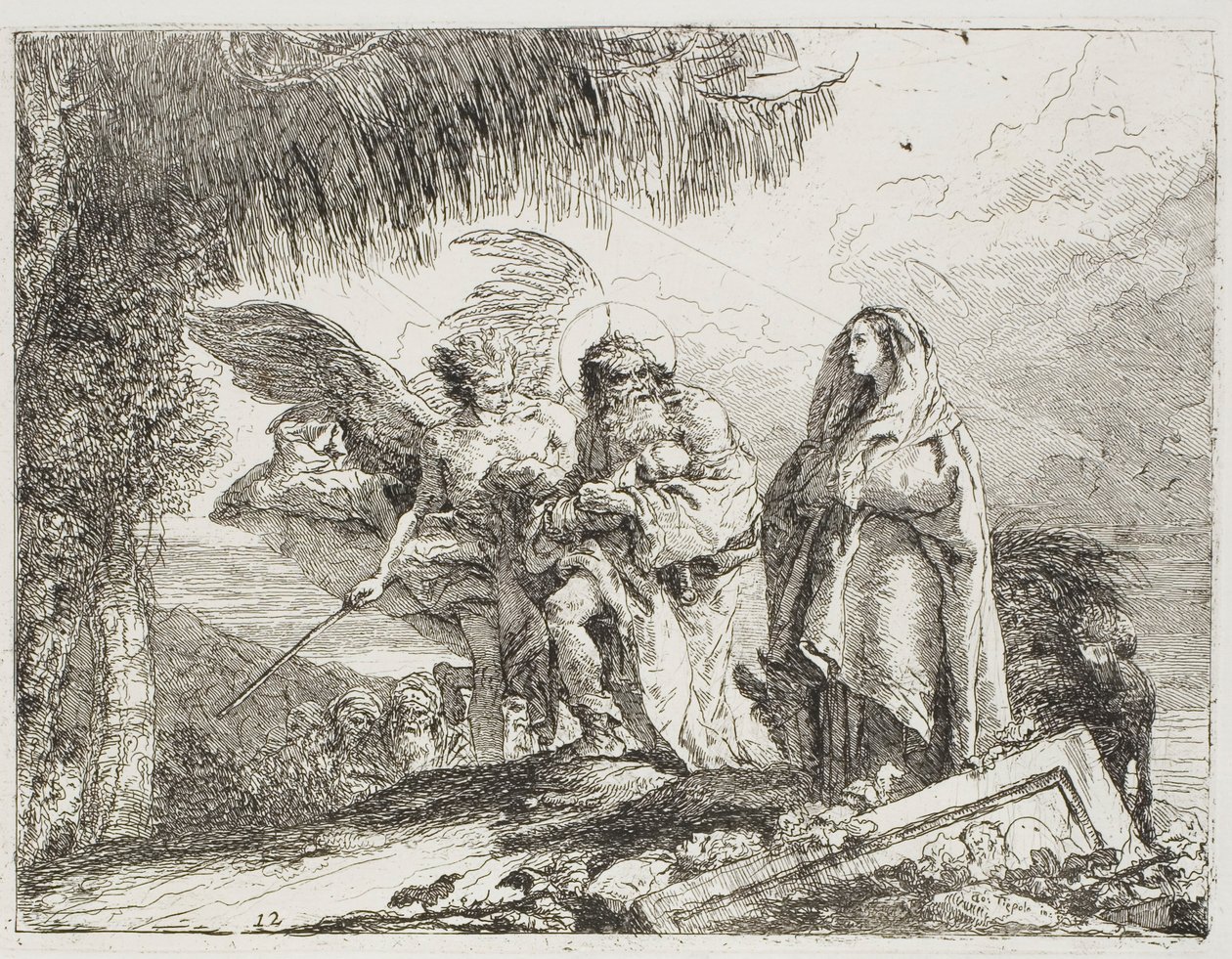Mary and Joseph, Holding the Child, are Escorted by an Angel, plate twelve from The Flight into Egypt by Giovanni Domenico Tiepolo