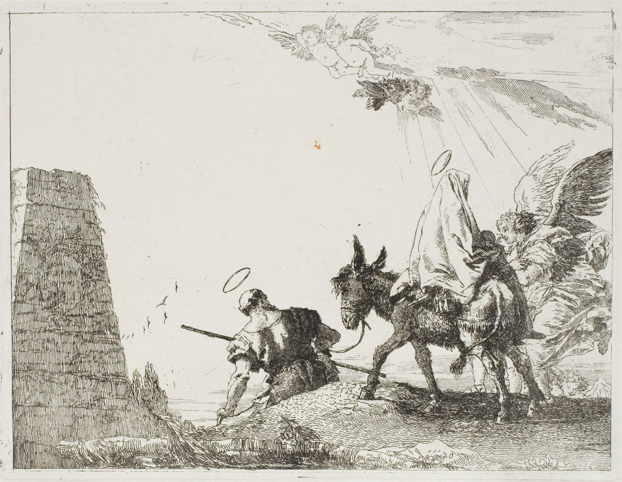 The Holy Family Passing by a Pyramid, plate twenty from The Flight into Egypt by Giovanni Domenico Tiepolo