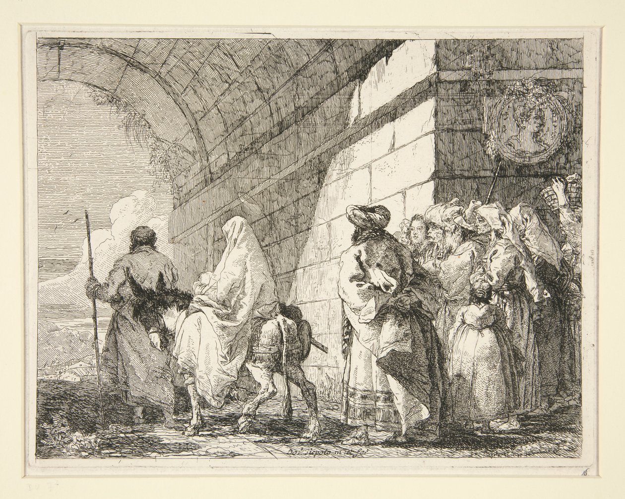 The Holy Family Passing under an Arch, Leaving by a City Gate, from the Series Idee Pittoresche Sopra la Fuga in Egitto (Flight into Egypt) by Giovanni Domenico Tiepolo