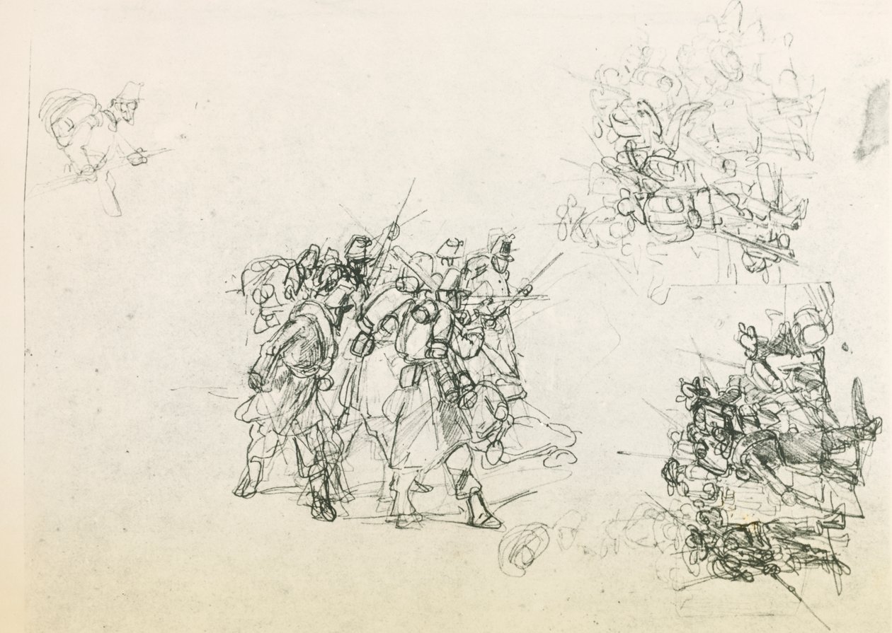 Three sketches for groups of soldiers by Giovanni Fattori