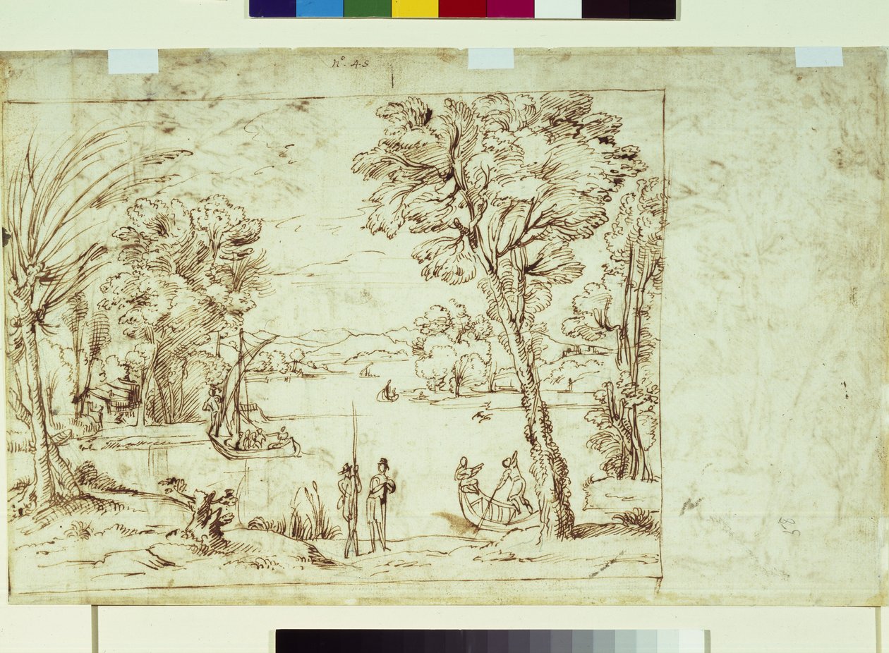 Landscape with figures on a riverbank by Giovanni Francesco Grimaldi