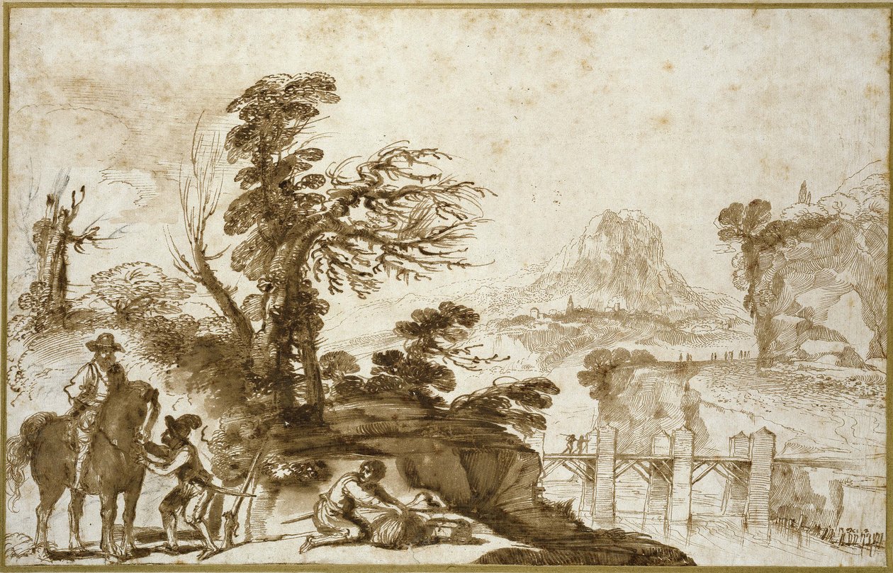 Landscape with a Horseman and a Bridge by Giovanni Francesco Barbieri