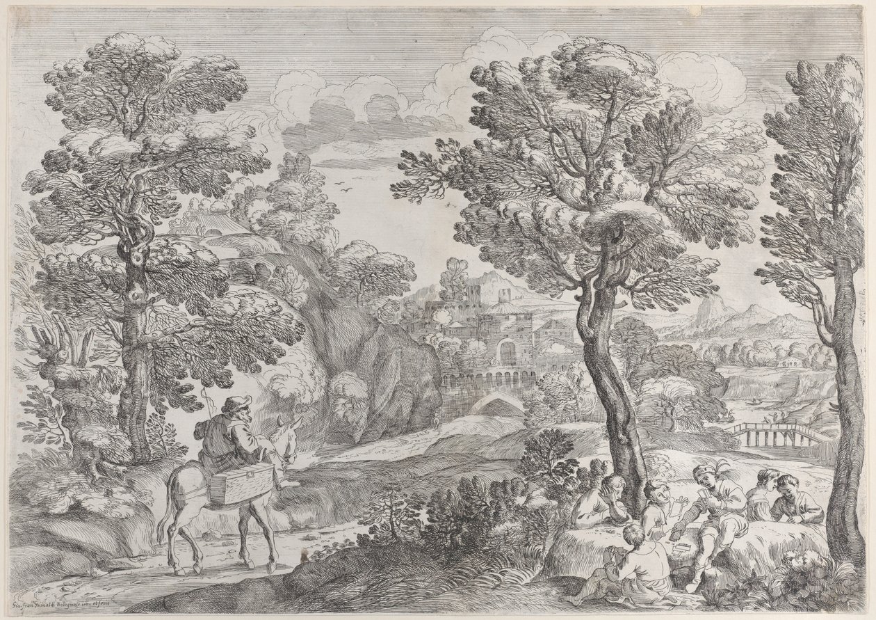 A Group of People Playing Cards at Right and a Man on Horseback at Left by Giovanni Francesco Grimaldi