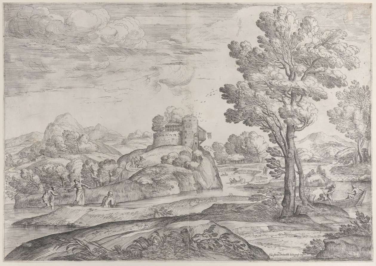 A House Atop a Round Rock at Center, People in the River and in Canoes by Giovanni Francesco Grimaldi