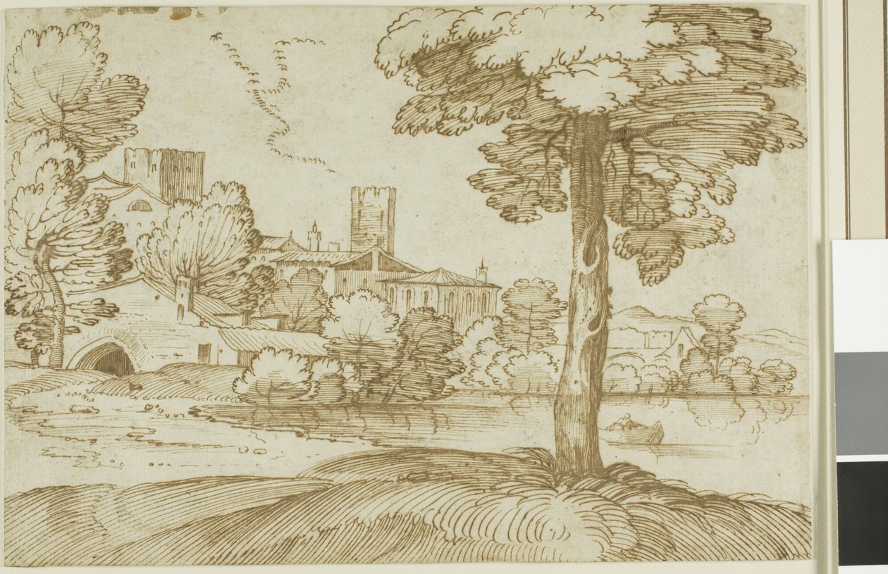 Landscape with a Large Tree on the Right and a Distant View of a Town on the Left by Giovanni Francesco Grimaldi
