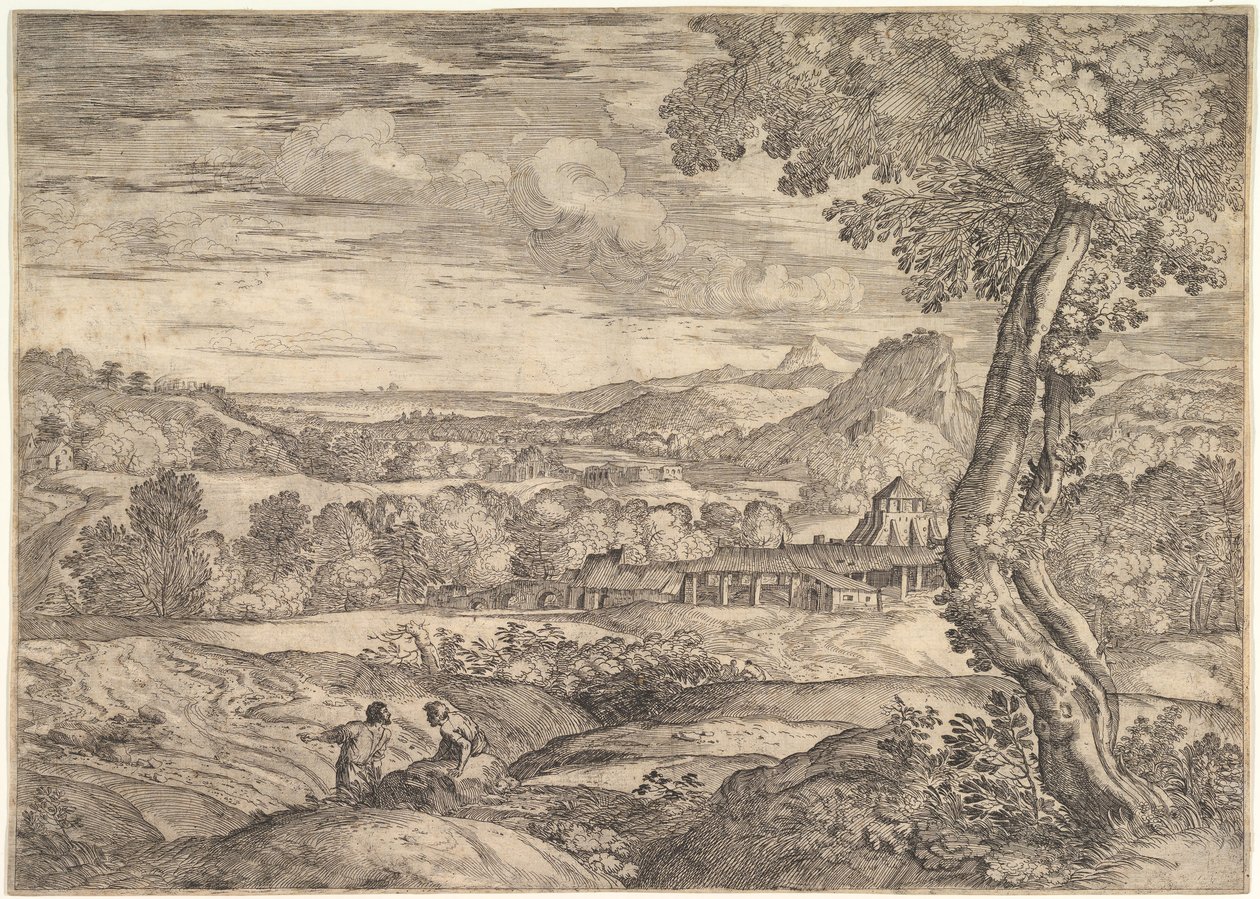Landscape with a brick factory in the middle ground, a standing man in the foreground, 1626-80 by Giovanni Francesco Grimaldi